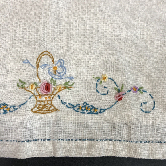 Retro Tea Towel Embroidered Flower Basket with Stripe, Pink Blue Yellow Vintage - Picture 3 of 8